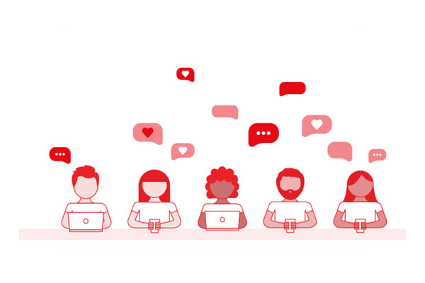 Clipart graphic of adults behind individual laptop screens