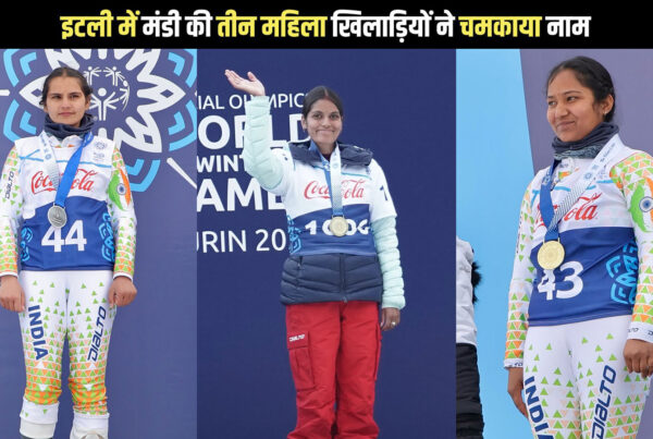 Three women athletes standing on a podium wearing medals won at the Special Olympics World Winter Games