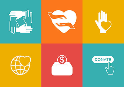Six tiles with donate icons inside