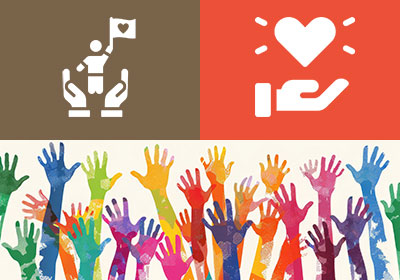 Graphic with volunteer icons and colorful hands